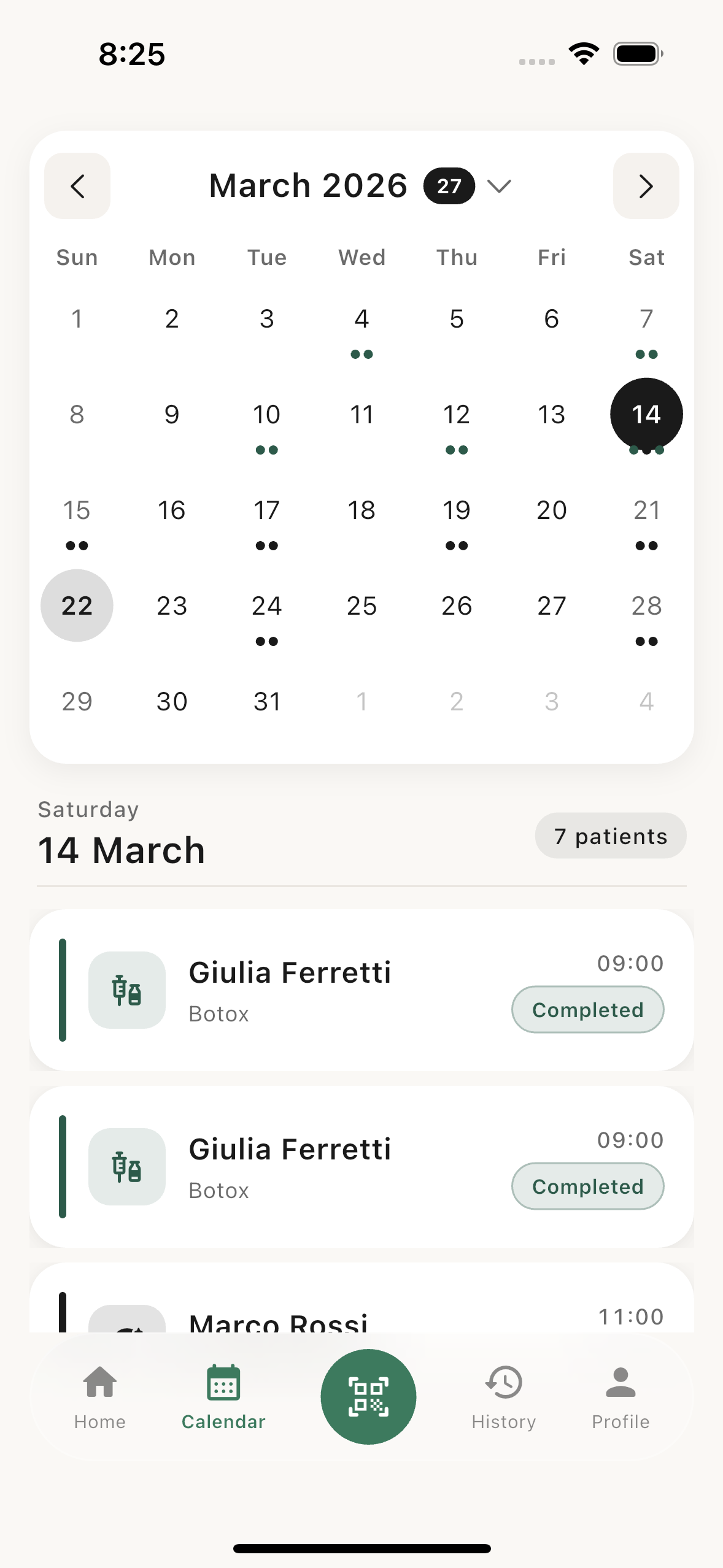 Ricorda calendar showing studio appointments