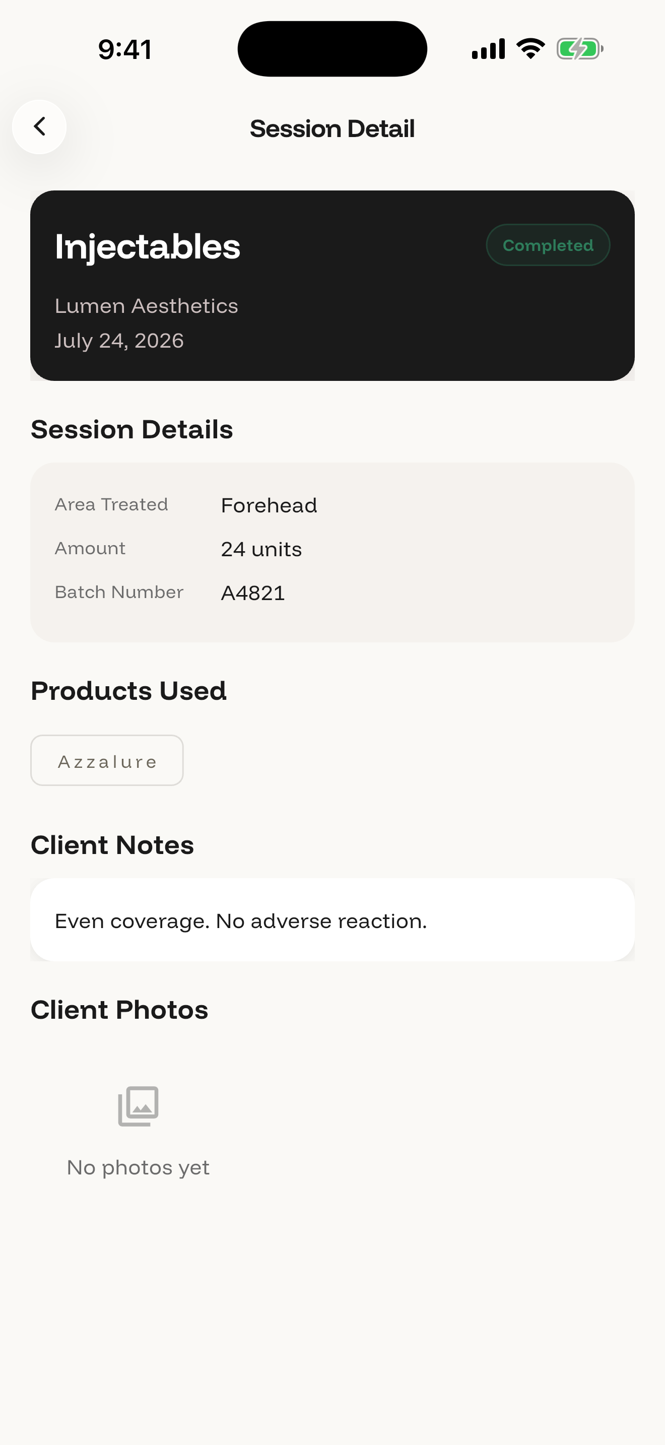 Session detail — area, dose, product, batch